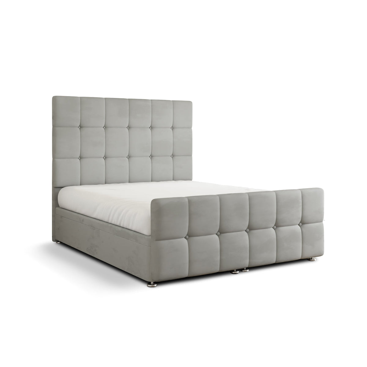 Ayra Cube Ottoman Storage Divan Bed Set With Footboard - Silver Plush