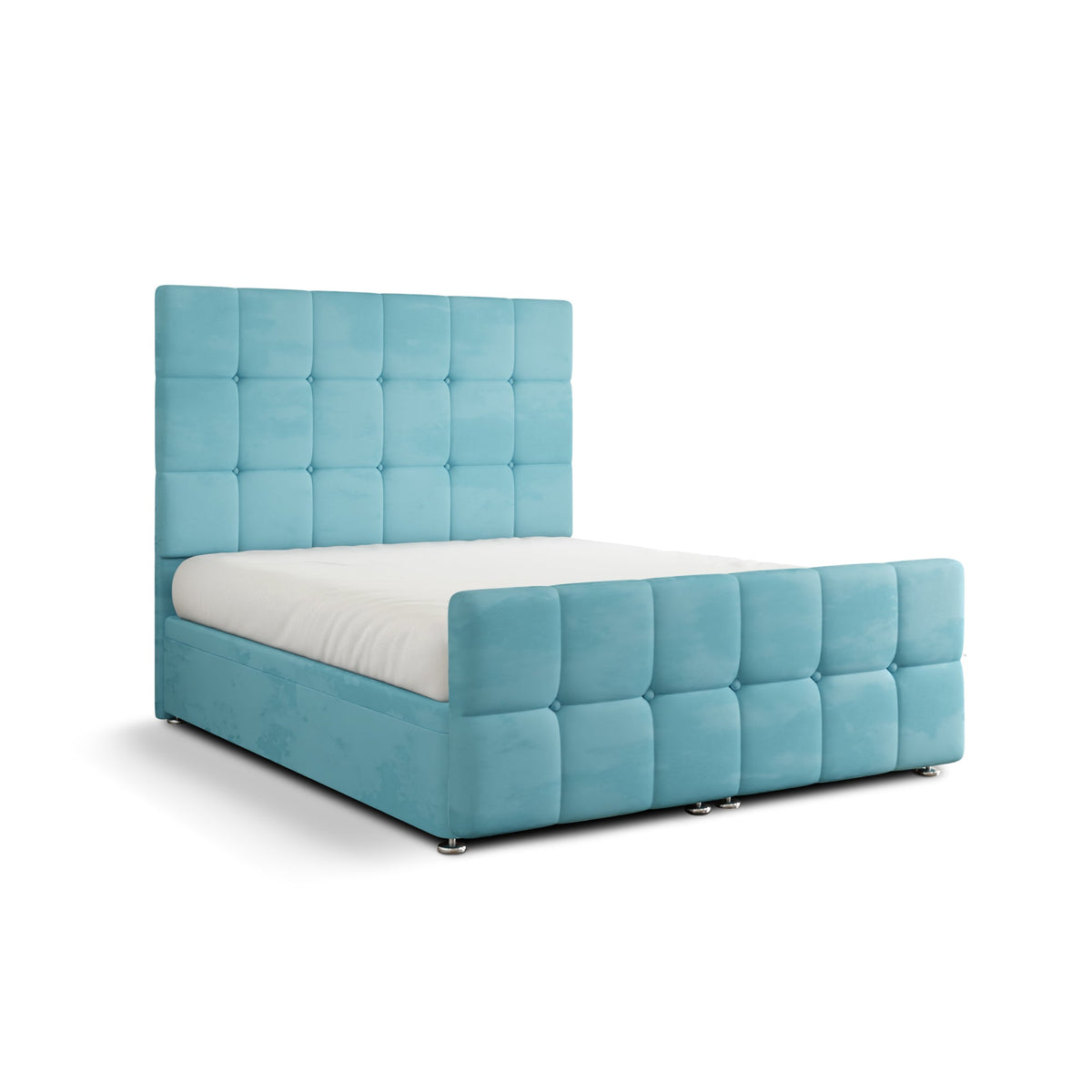 Ayra Cube Ottoman Storage Divan Bed Set With Footboard - Ice Blue Plush