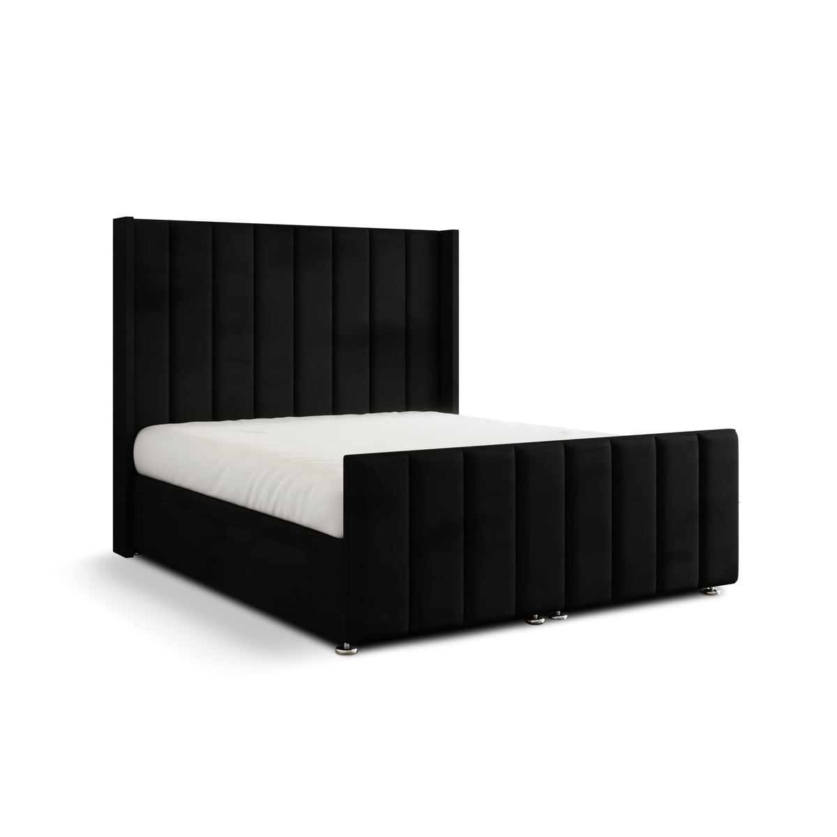 Amelia Lines Wingback Ottoman Storage Divan Bed Set With Footboard - Black Plush