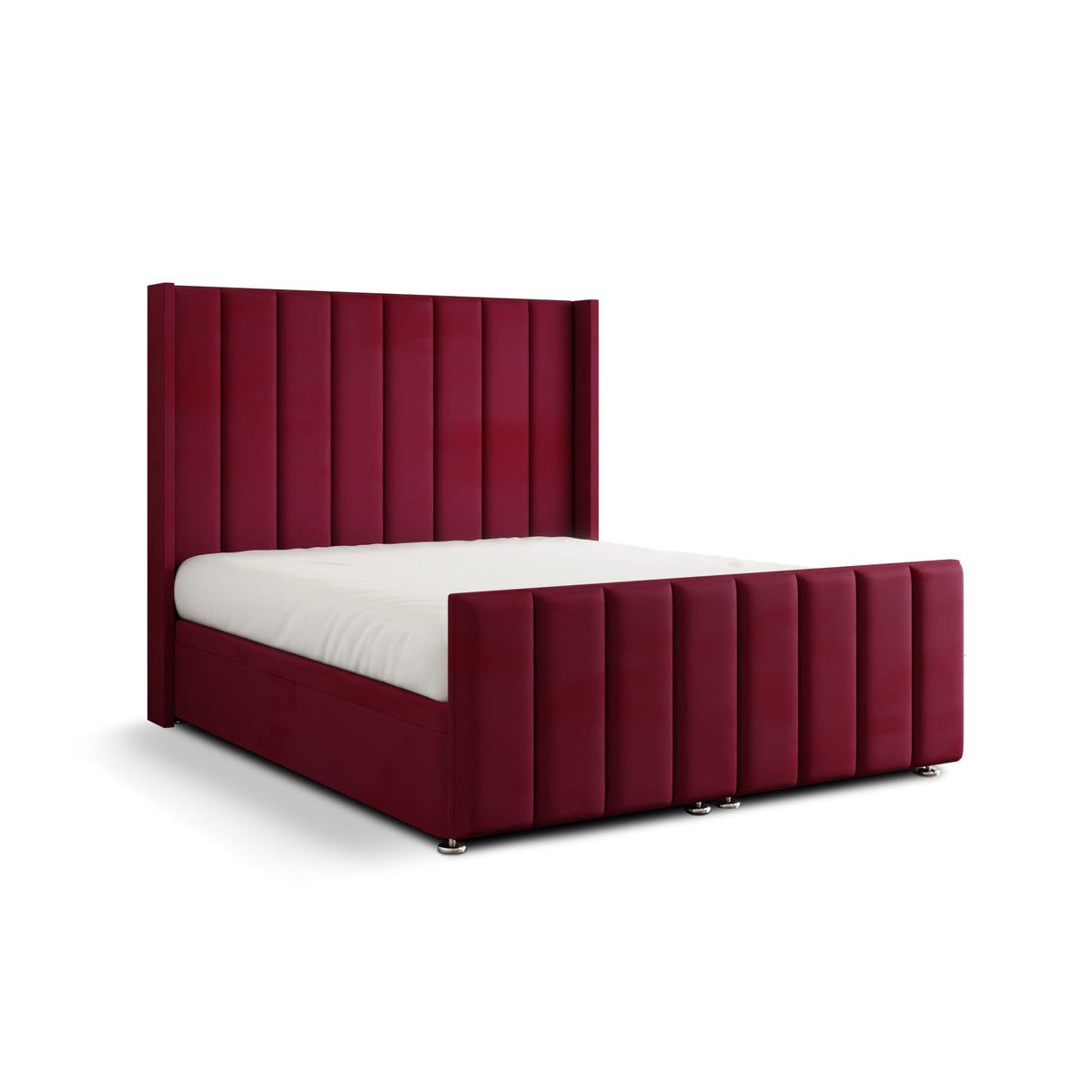 Amelia Lines Wingback Ottoman Storage Divan Bed Set With Footboard - Burgundy Plush