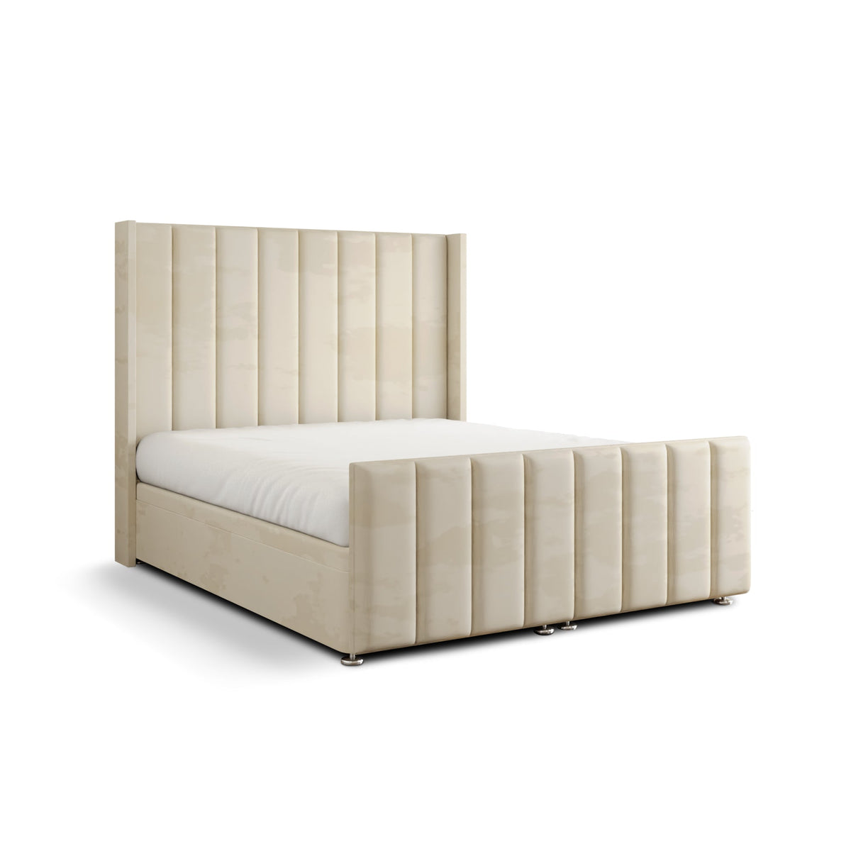 Amelia Lines Wingback Ottoman Storage Divan Bed Set With Footboard - Cream Plush