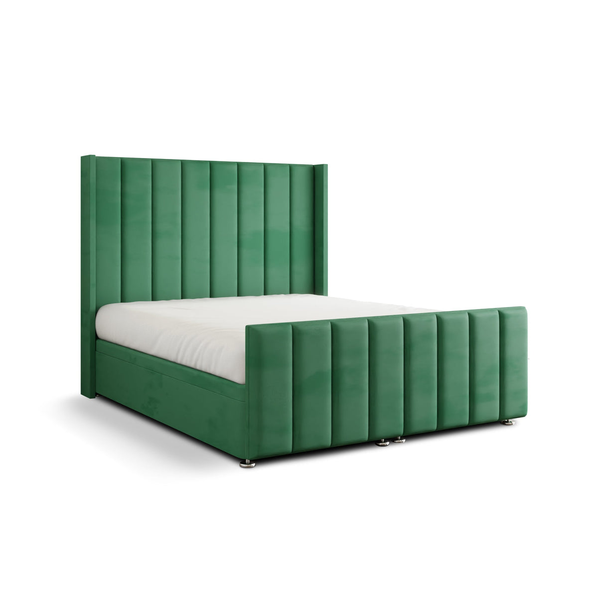 Amelia Lines Wingback Ottoman Storage Divan Bed Set With Footboard - Emerald Plush