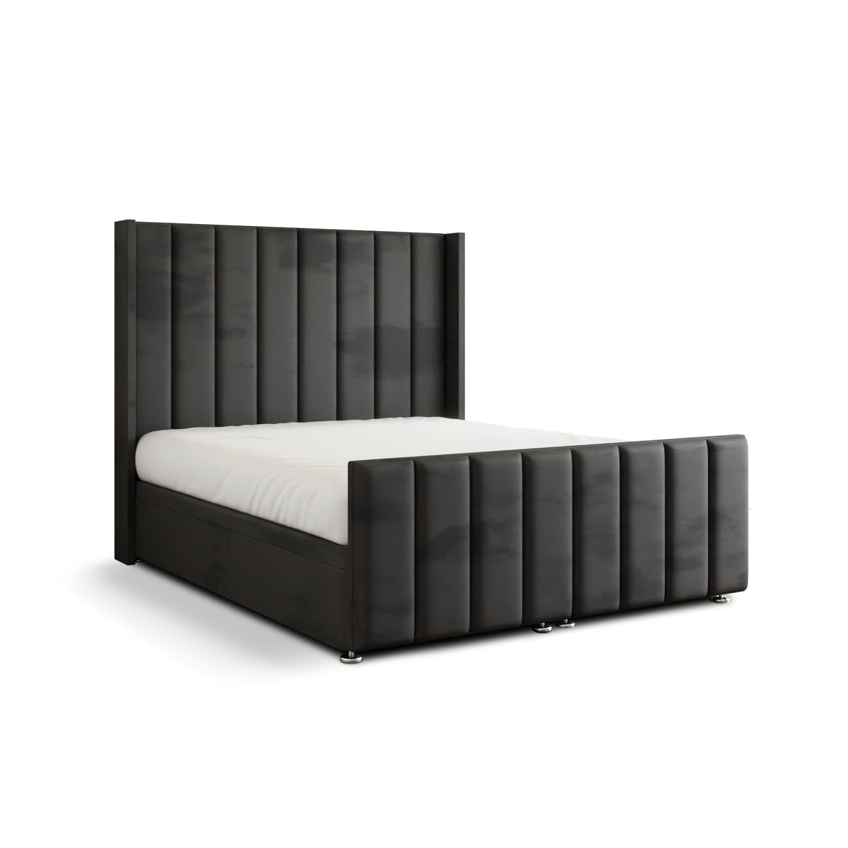 Amelia Lines Wingback Ottoman Storage Divan Bed Set With Footboard - Steel Grey Plush