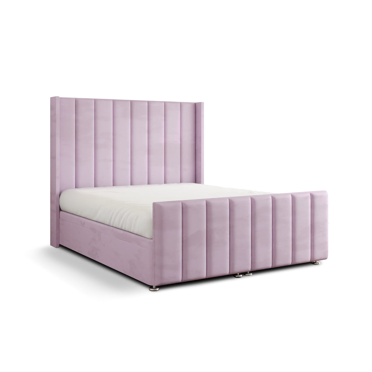 Amelia Lines Wingback Ottoman Storage Divan Bed Set With Footboard - Baby Pink Plush