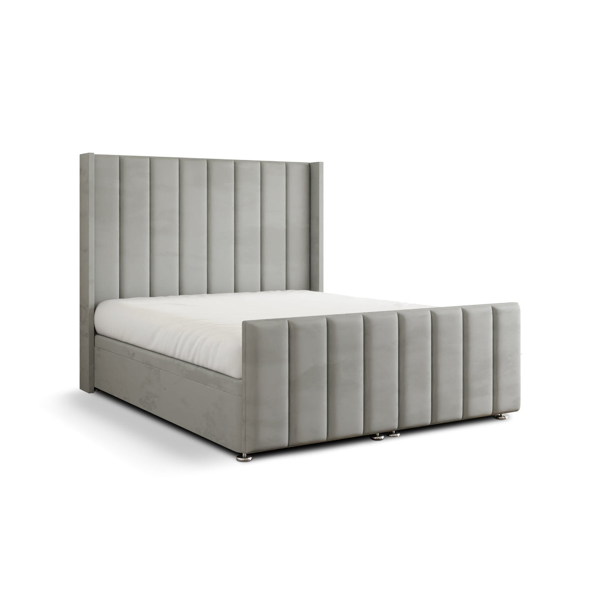 Amelia Lines Wingback Ottoman Storage Divan Bed Set With Footboard - Silver Plush
