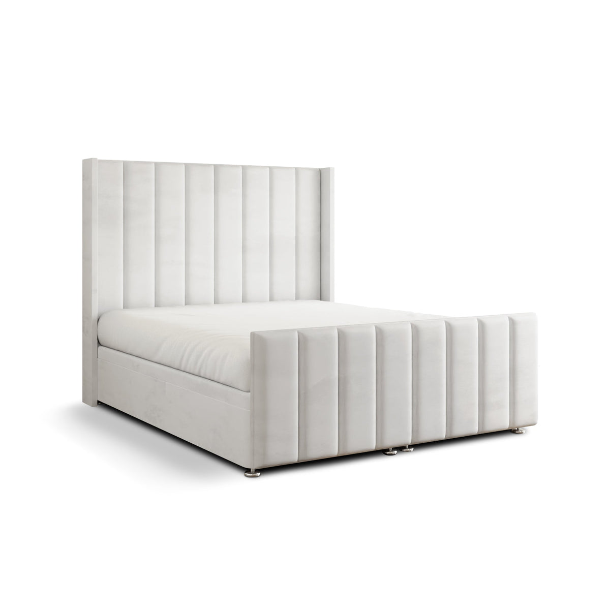 Amelia Lines Wingback Ottoman Storage Divan Bed Set With Footboard - White Plush