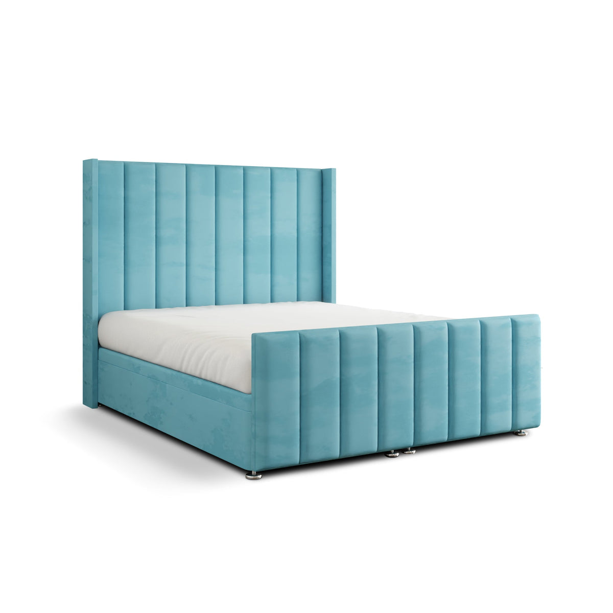 Amelia Lines Wingback Ottoman Storage Divan Bed Set With Footboard - Ice Blue Plush