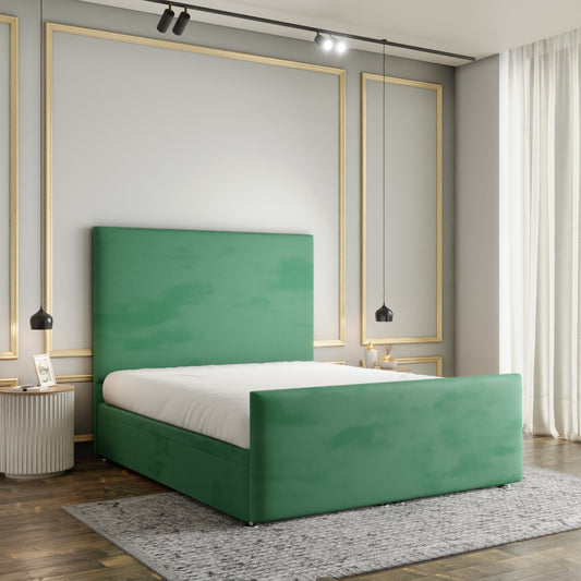 Maya Plain Ottoman Storage Divan Bed Set With Footboard - Emerald Plush