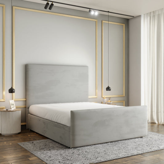Maya Plain Ottoman Storage Divan Bed Set With Footboard - Silver Plush