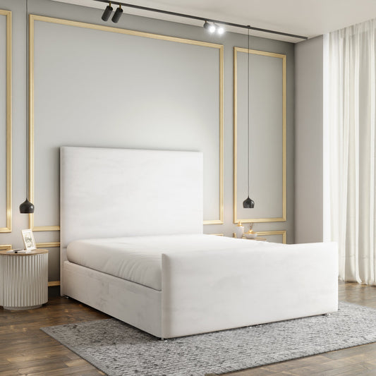 Maya Plain Ottoman Storage Divan Bed Set With Footboard - White Plush