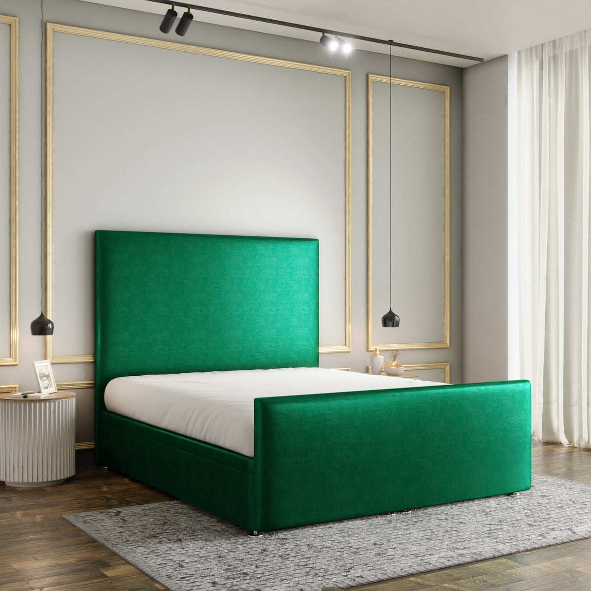 Maya Plain Ottoman Storage Divan Bed Set With Footboard - Emerald Coniston