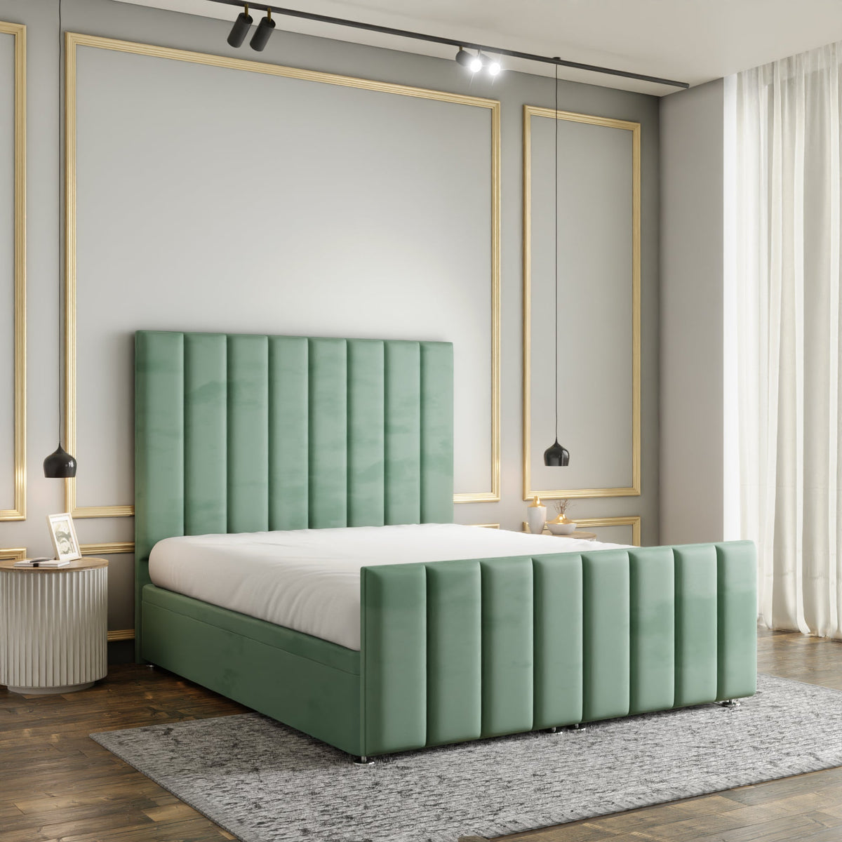 Amelia Lines Ottoman Storage Divan Bed Set With Footboard - Duck Egg Plush