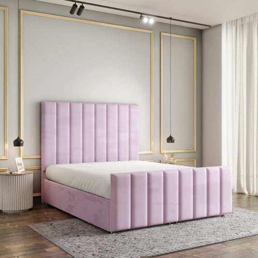 Amelia Lines Ottoman Storage Divan Bed Set With Footboard - Baby Pink Plush