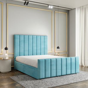 Amelia Lines Ottoman Storage Divan Bed Set With Footboard - Ice Blue Plush