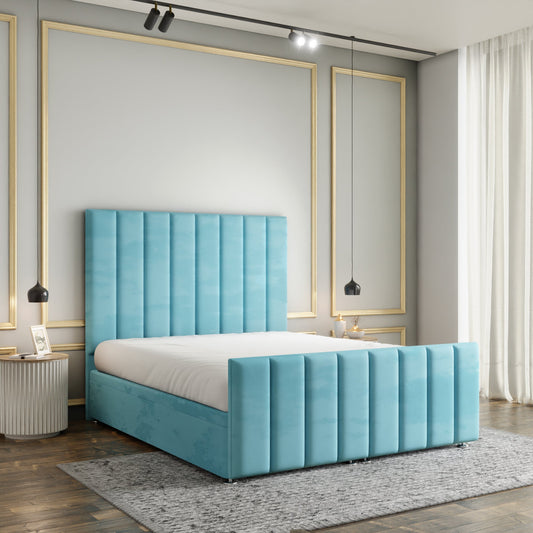 Amelia Lines Ottoman Storage Divan Bed Set With Footboard - Ice Blue Plush
