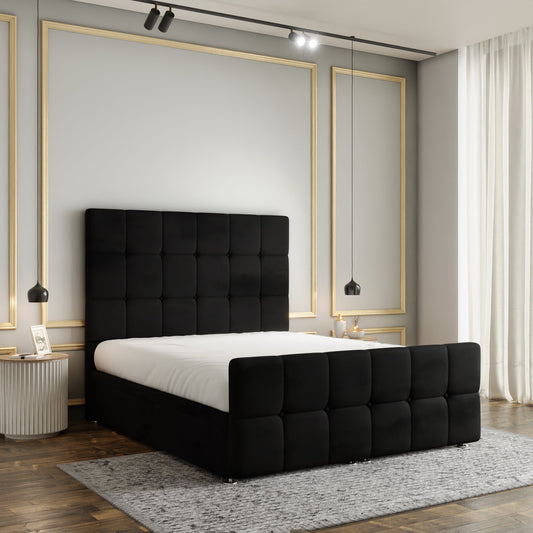 Ayra Cube Ottoman Storage Divan Bed Set With Footboard - Black Plush
