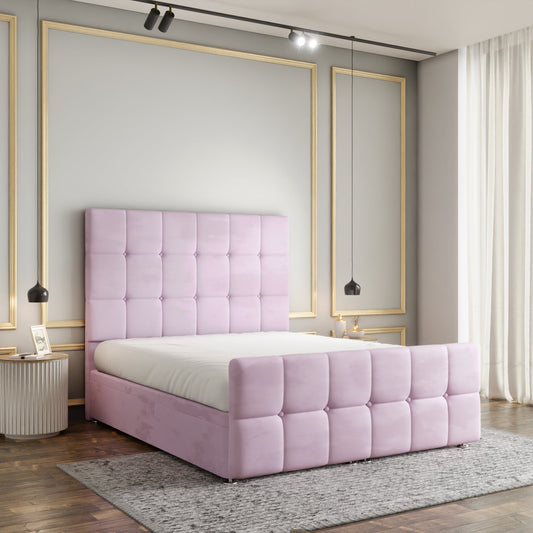 Ayra Cube Ottoman Storage Divan Bed Set With Footboard - Baby Pink Plush
