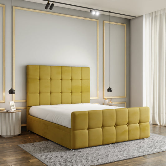 Ayra Cube Ottoman Storage Divan Bed Set With Footboard - Turmeric Plush