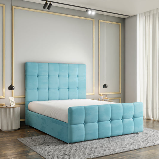 Ayra Cube Ottoman Storage Divan Bed Set With Footboard - Ice Blue Plush