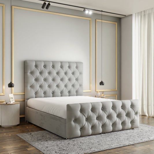 Lara Chesterfield Ottoman Storage Divan Bed Set With Footboard - Silver Plush