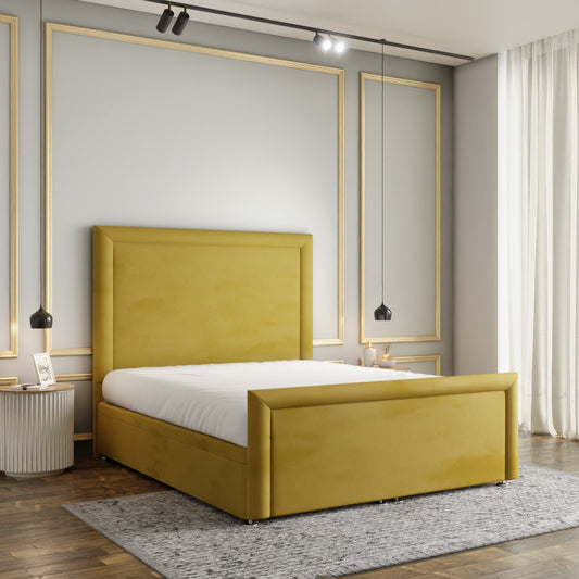 Ivy Bumper Border Ottoman Storage Divan Bed Set With Footboard - Turmeric Plush