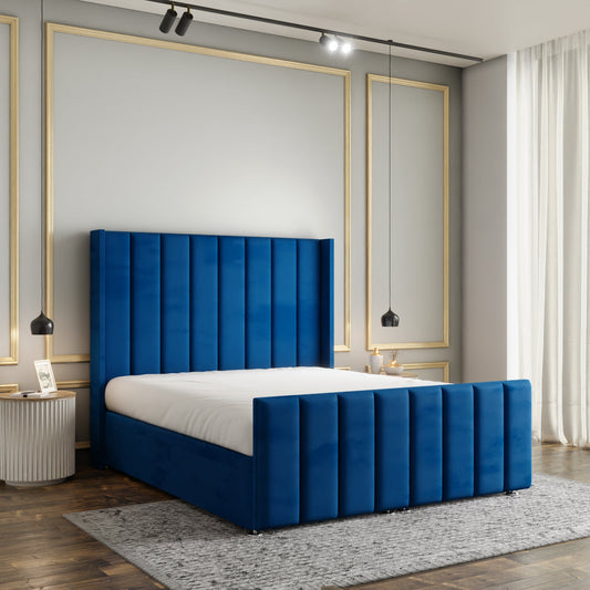 Amelia Lines Wingback Ottoman Storage Divan Bed Set With Footboard - Blue Plush