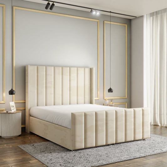 Amelia Lines Wingback Ottoman Storage Divan Bed Set With Footboard - Cream Plush