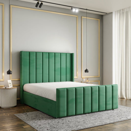 Amelia Lines Wingback Ottoman Storage Divan Bed Set With Footboard - Emerald Plush
