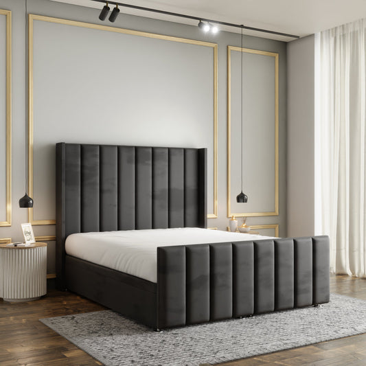Amelia Lines Wingback Ottoman Storage Divan Bed Set With Footboard - Steel Grey Plush