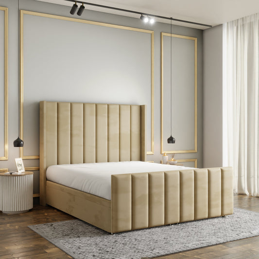 Amelia Lines Wingback Ottoman Storage Divan Bed Set With Footboard - Mink Plush