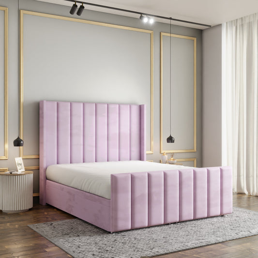 Amelia Lines Wingback Ottoman Storage Divan Bed Set With Footboard - Baby Pink Plush