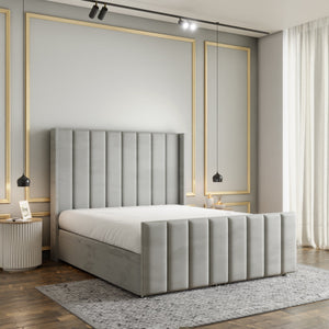 Amelia Lines Wingback Ottoman Storage Divan Bed Set With Footboard - Silver Plush