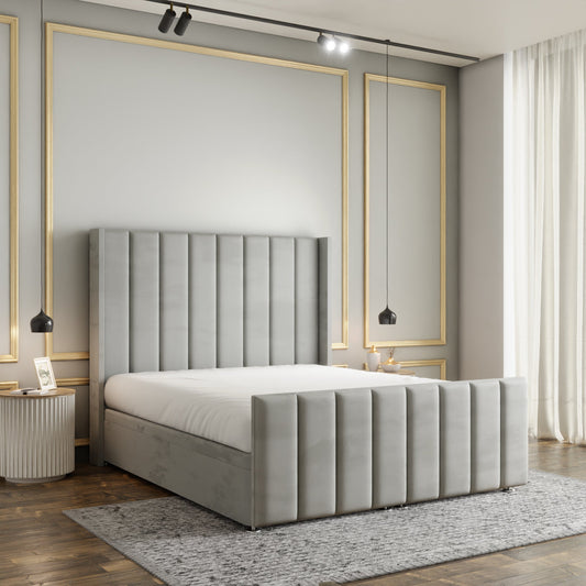 Amelia Lines Wingback Ottoman Storage Divan Bed Set With Footboard - Silver Plush