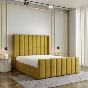 Amelia Lines Wingback Ottoman Storage Divan Bed Set With Footboard - Turmeric Plush