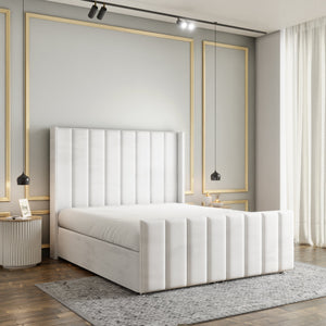 Amelia Lines Wingback Ottoman Storage Divan Bed Set With Footboard - White Plush