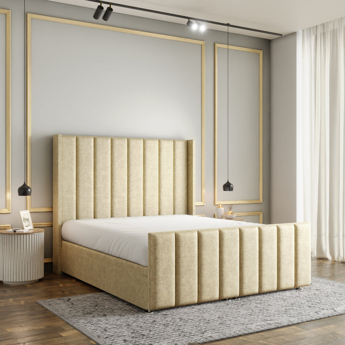 Amelia Lines Wingback Ottoman Storage Divan Bed Set With Footboard - Cream Naples