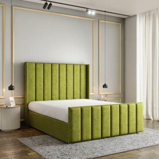 Amelia Lines Wingback Ottoman Storage Divan Bed Set With Footboard - Olive Green Naples