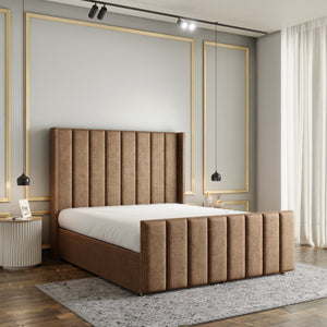 Amelia Lines Wingback Ottoman Storage Divan Bed Set With Footboard - Mink Beige Naples