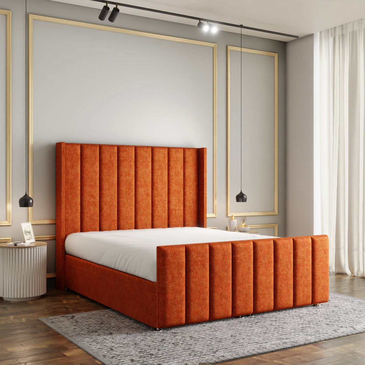 Amelia Lines Wingback Ottoman Storage Divan Bed Set With Footboard - Orange Naples