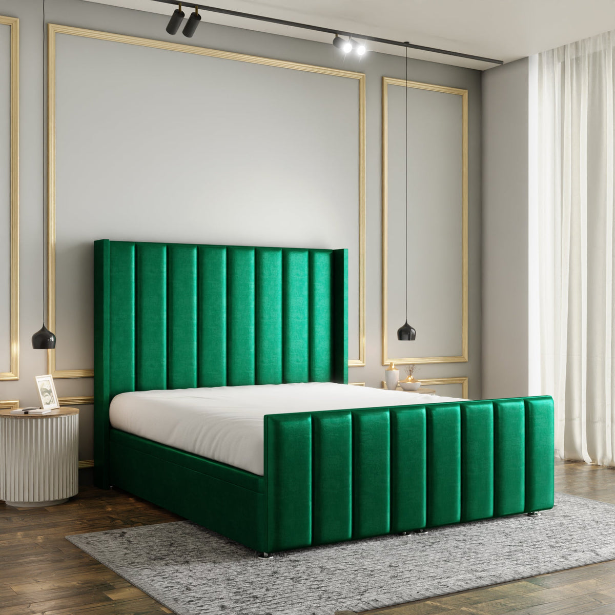 Amelia Lines Wingback Ottoman Storage Divan Bed Set With Footboard - Emerald Coniston