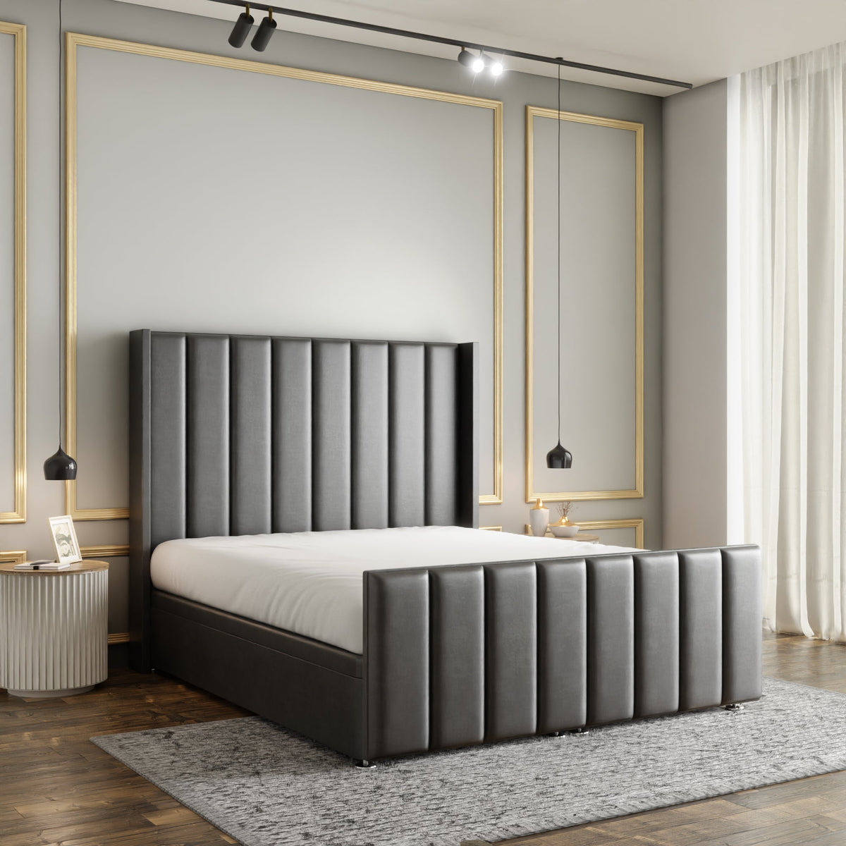 Amelia Lines Wingback Ottoman Storage Divan Bed Set With Footboard - Grey Coniston