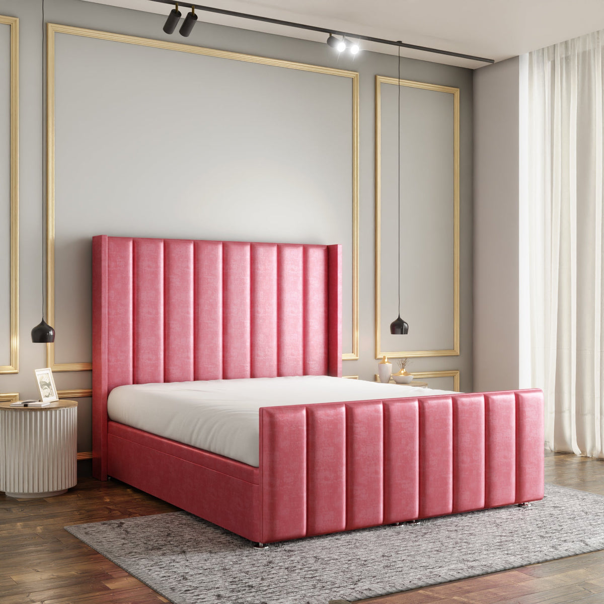Amelia Lines Wingback Ottoman Storage Divan Bed Set With Footboard - Pink Coniston