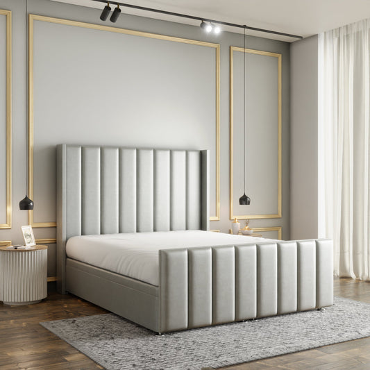 Amelia Lines Wingback Ottoman Storage Divan Bed Set With Footboard - Silver Coniston