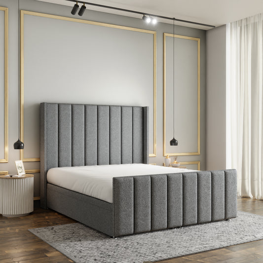 Amelia Lines Wingback Ottoman Storage Divan Bed Set With Footboard - Grey Teddy