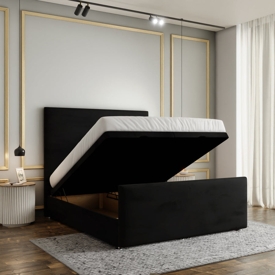 Maya Plain Ottoman Storage Divan Bed Set With Footboard - Black Plush