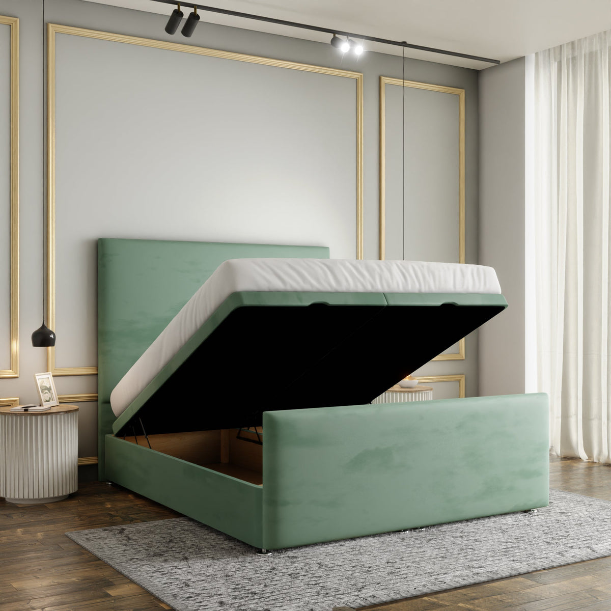 Maya Plain Ottoman Storage Divan Bed Set With Footboard - Duck Egg Plush