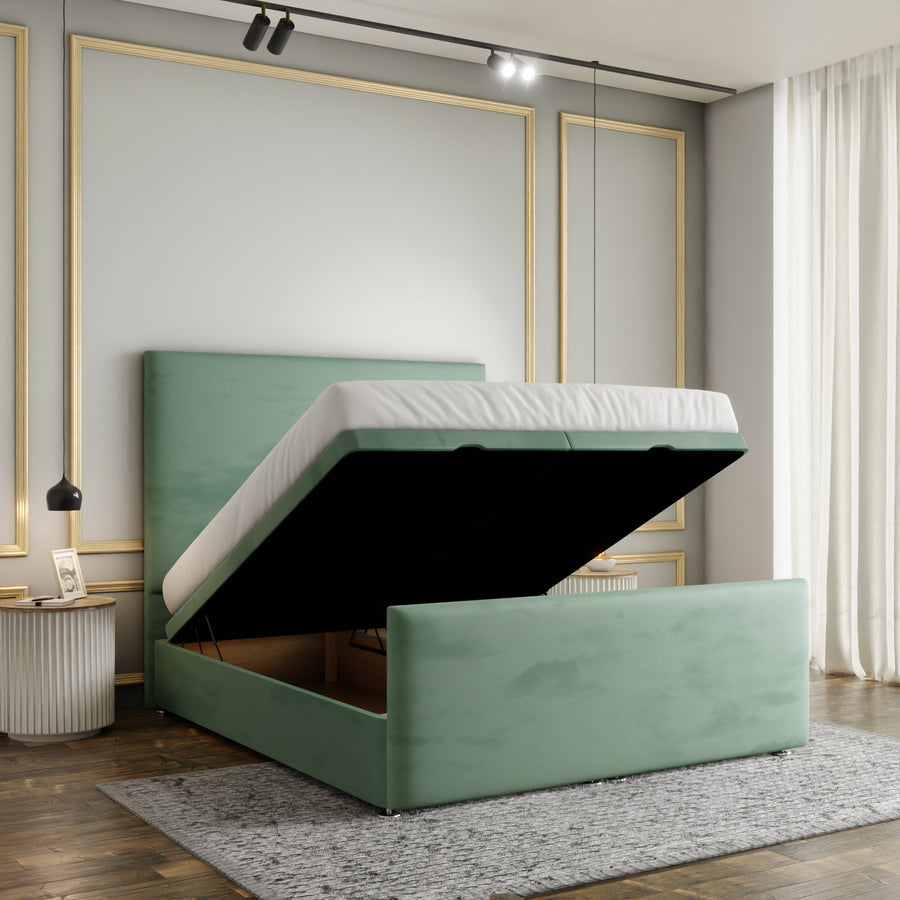 Maya Plain Ottoman Storage Divan Bed Set With Footboard - Duck Egg Plush