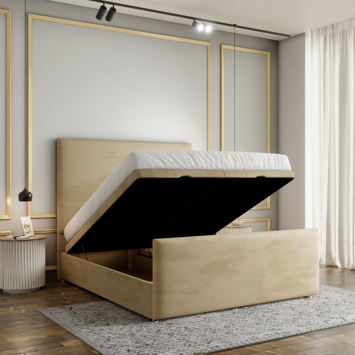 Maya Plain Ottoman Storage Divan Bed Set With Footboard - Mink Plush