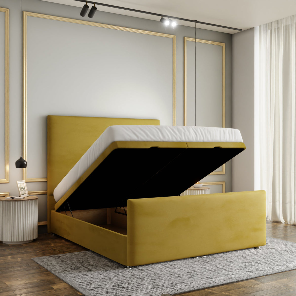 Maya Plain Ottoman Storage Divan Bed Set With Footboard - Turmeric Plush