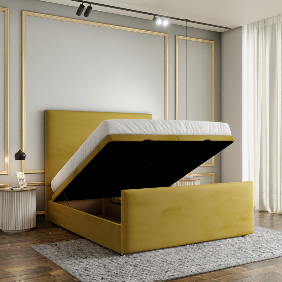 Maya Plain Ottoman Storage Divan Bed Set With Footboard - Turmeric Plush
